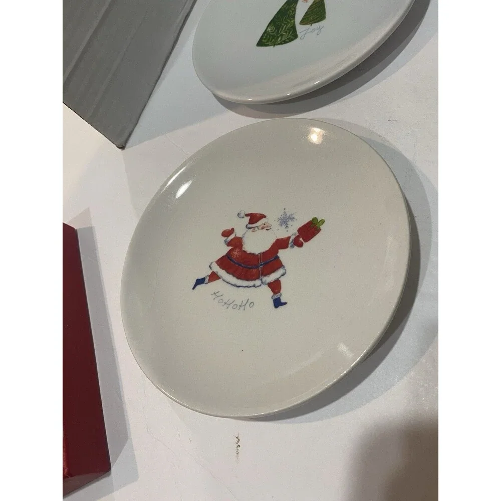 Pier 1 Imports Holiday Appetizer Plates Set Four EUC Christmas Santa Snowman